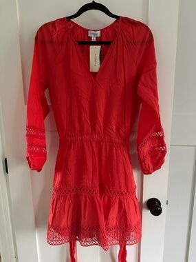 Evereve Coral Red Crochet-Trim Tunic